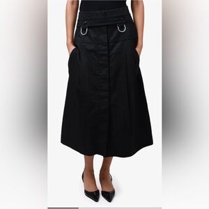 CELINE BLACK LINEN BUCKLE DETAIL BELTED MIDI SKIRT SIZE 36